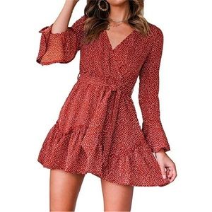 Women Boho Ruffle Floral Dress Long Sleeve V-Neck Party Evening